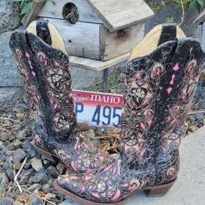 Corral Pink & Brown Snip Toed Western Boots - Size 7